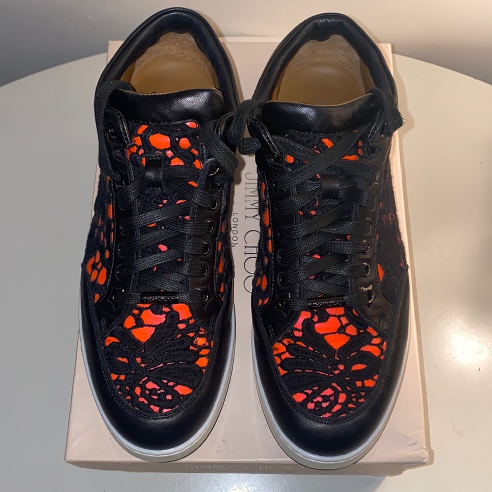Jimmy Choo Black/Neon Leather and Lace Thalia Low Top Sneakers- Size 40